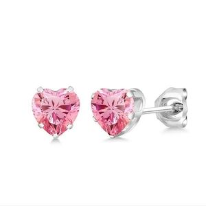 925 Sterling Silver Overlay Pink Heart Cubic Zirconia Earrings - Heart Cut Studs